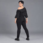 Oversize Offshoulder Bluse mit Kragen aus weicher Baumwollmischung und elastischem Saum