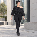 Oversize Offshoulder Bluse mit Kragen aus weicher Baumwollmischung und elastischem Saum