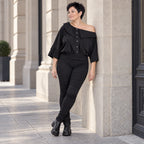 Oversize Offshoulder Bluse mit Kragen aus weicher Baumwollmischung und elastischem Saum