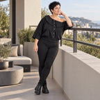 Oversize Offshoulder Bluse mit Kragen aus weicher Baumwollmischung und elastischem Saum