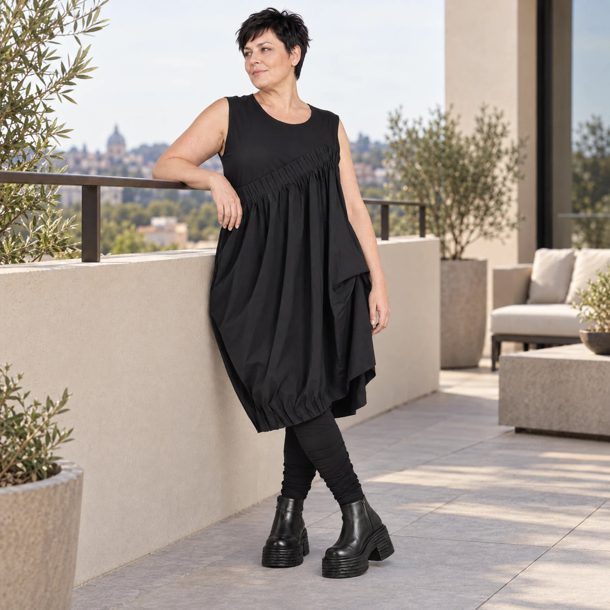 Ballonkleid Oversize aus Baumwolle mit Stretch asymmetrisch drapiert ärmellos weit