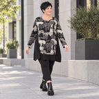 A-Form Shirt in Schwarznatur mit Jacquardmuster aus Viskose Oversize weit mit Rundhals