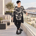 A-Form Shirt in Schwarznatur mit Jacquardmuster aus Viskose Oversize weit mit Rundhals