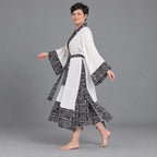 Ecru Kimono mit Aztecmuster in Leinenoptik Trompetenärmeln Schalkragen und Bohogürtel