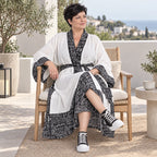 Ecru Kimono mit Aztecmuster in Leinenoptik Trompetenärmeln Schalkragen und Bohogürtel