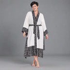 Ecru Kimono mit Aztecmuster in Leinenoptik Trompetenärmeln Schalkragen und Bohogürtel