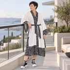 Ecru Kimono mit Aztecmuster in Leinenoptik Trompetenärmeln Schalkragen und Bohogürtel