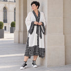 Ecru Kimono mit Aztecmuster in Leinenoptik Trompetenärmeln Schalkragen und Bohogürtel
