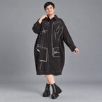 Schwarzes A-FormKleid aus Polyamid mit Kragen Langarm Grafikdruck und Seitennahttaschen