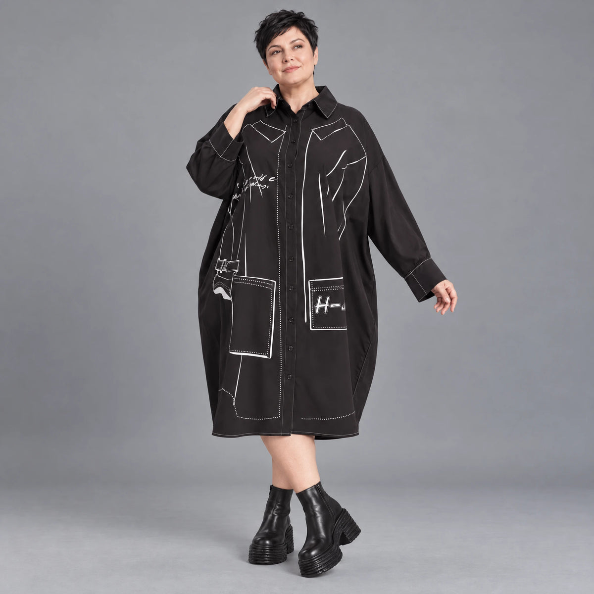 Schwarzes A-FormKleid aus Polyamid mit Kragen Langarm Grafikdruck und Seitennahttaschen