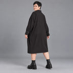 Schwarzes A-FormKleid aus Polyamid mit Kragen Langarm Grafikdruck und Seitennahttaschen