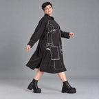 Schwarzes A-FormKleid aus Polyamid mit Kragen Langarm Grafikdruck und Seitennahttaschen