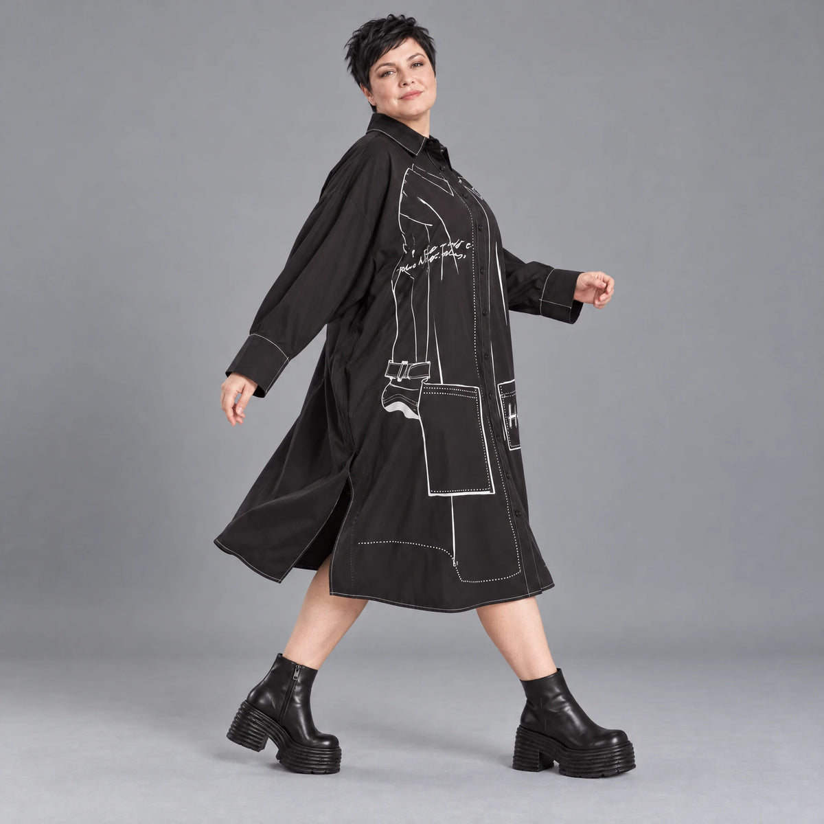 Schwarzes A-FormKleid aus Polyamid mit Kragen Langarm Grafikdruck und Seitennahttaschen