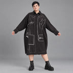 Schwarzes A-FormKleid aus Polyamid mit Kragen Langarm Grafikdruck und Seitennahttaschen