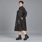 Schwarzes A-FormKleid aus Polyamid mit Kragen Langarm Grafikdruck und Seitennahttaschen