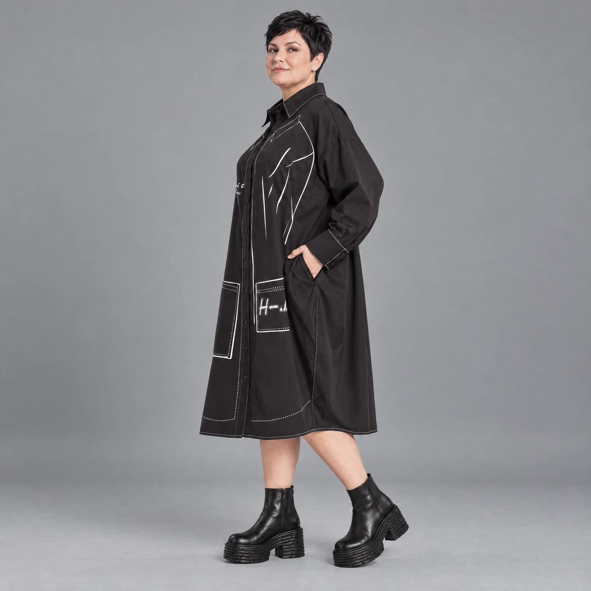 Schwarzes A-FormKleid aus Polyamid mit Kragen Langarm Grafikdruck und Seitennahttaschen