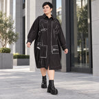 Schwarzes A-FormKleid aus Polyamid mit Kragen Langarm Grafikdruck und Seitennahttaschen