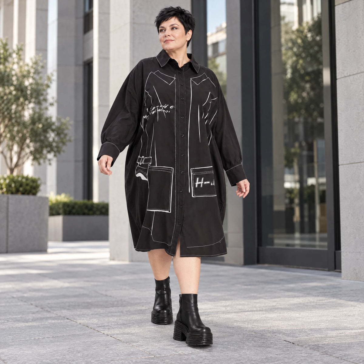 Schwarzes A-FormKleid aus Polyamid mit Kragen Langarm Grafikdruck und Seitennahttaschen