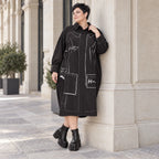 Schwarzes A-FormKleid aus Polyamid mit Kragen Langarm Grafikdruck und Seitennahttaschen