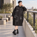 Schwarzes A-FormKleid aus Polyamid mit Kragen Langarm Grafikdruck und Seitennahttaschen