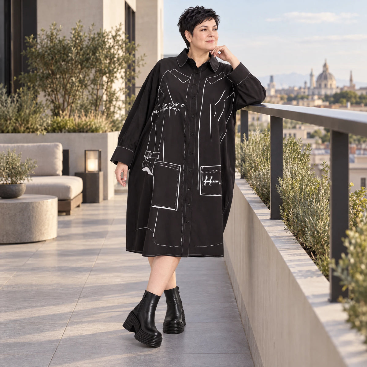 Schwarzes A-FormKleid aus Polyamid mit Kragen Langarm Grafikdruck und Seitennahttaschen