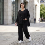 Schwarze Aform Jacke aus Viskosemix mit Rundhals Dreiviertelärmeln und weiten Taschen