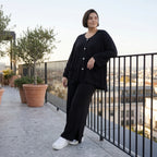 Schwarze Aform Jacke aus Viskosemix mit Rundhals Dreiviertelärmeln und weiten Taschen