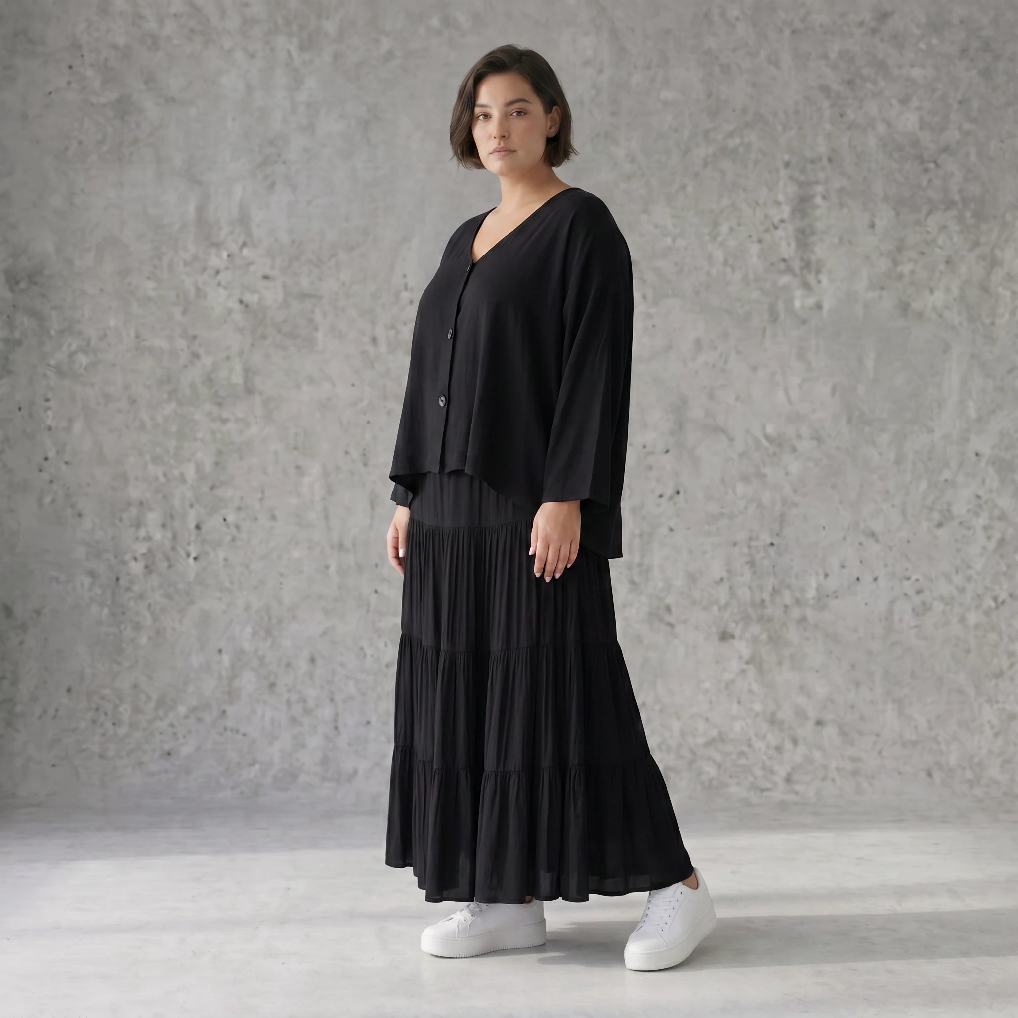 Schwarzer Viskose Ballonrock im Lagenlook mit elastischem Bund aus weichem Jerseystoff