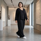 Schwarze Viskosehose mit Stretch und weitem geradem Schnitt Elastikbund Seitentaschen