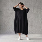 Ballonkleid aus Viskosejersey im Lagenlook mit Rundhals Halbarm Bund und Seitentaschen