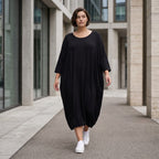 Ballonkleid aus Viskosejersey im Lagenlook mit Rundhals Halbarm Bund und Seitentaschen