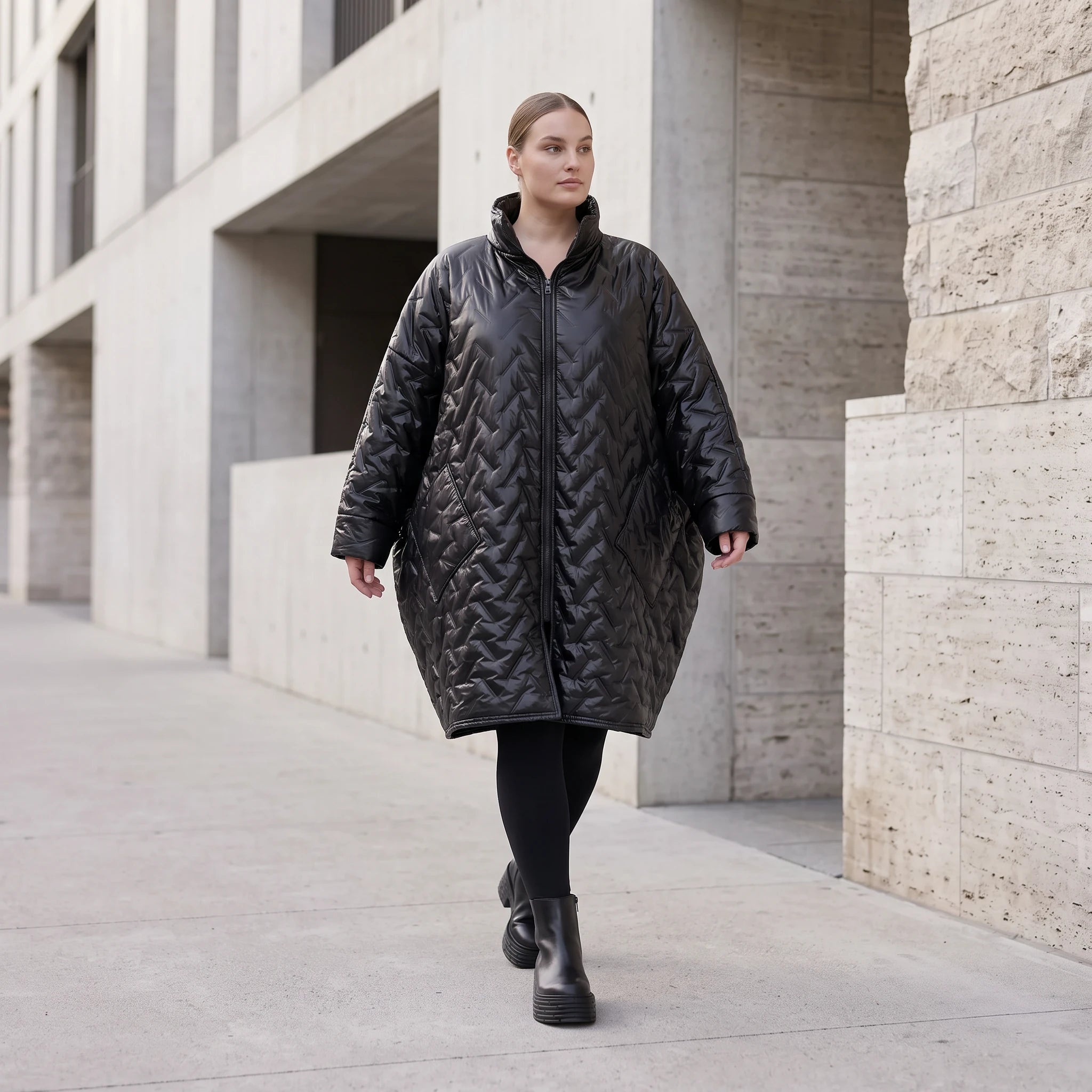 Schwarze Steppjacke mit grafischem Muster oversized wasserabweisend warm mit Taschen