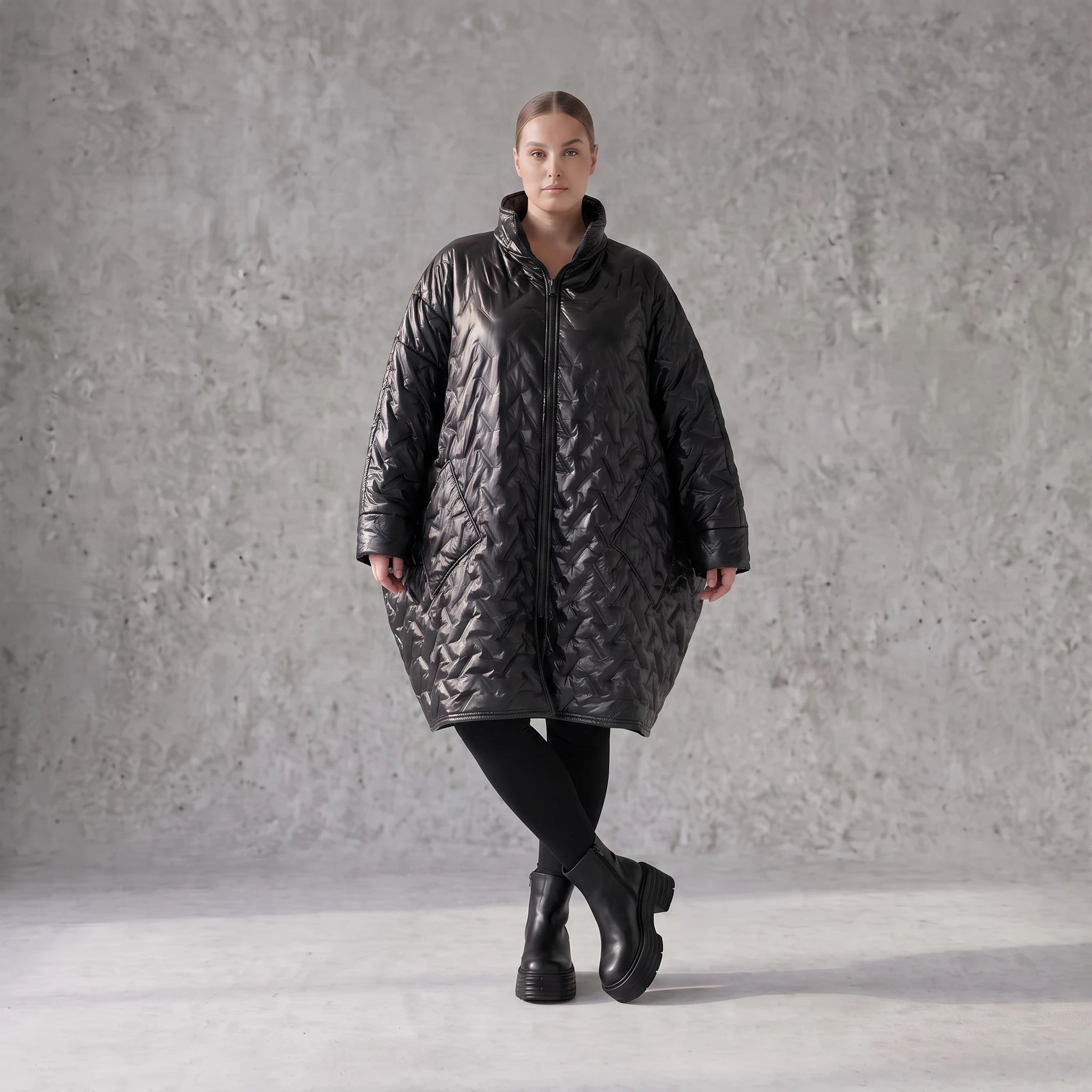 Schwarze Steppjacke mit grafischem Muster oversized wasserabweisend warm mit Taschen