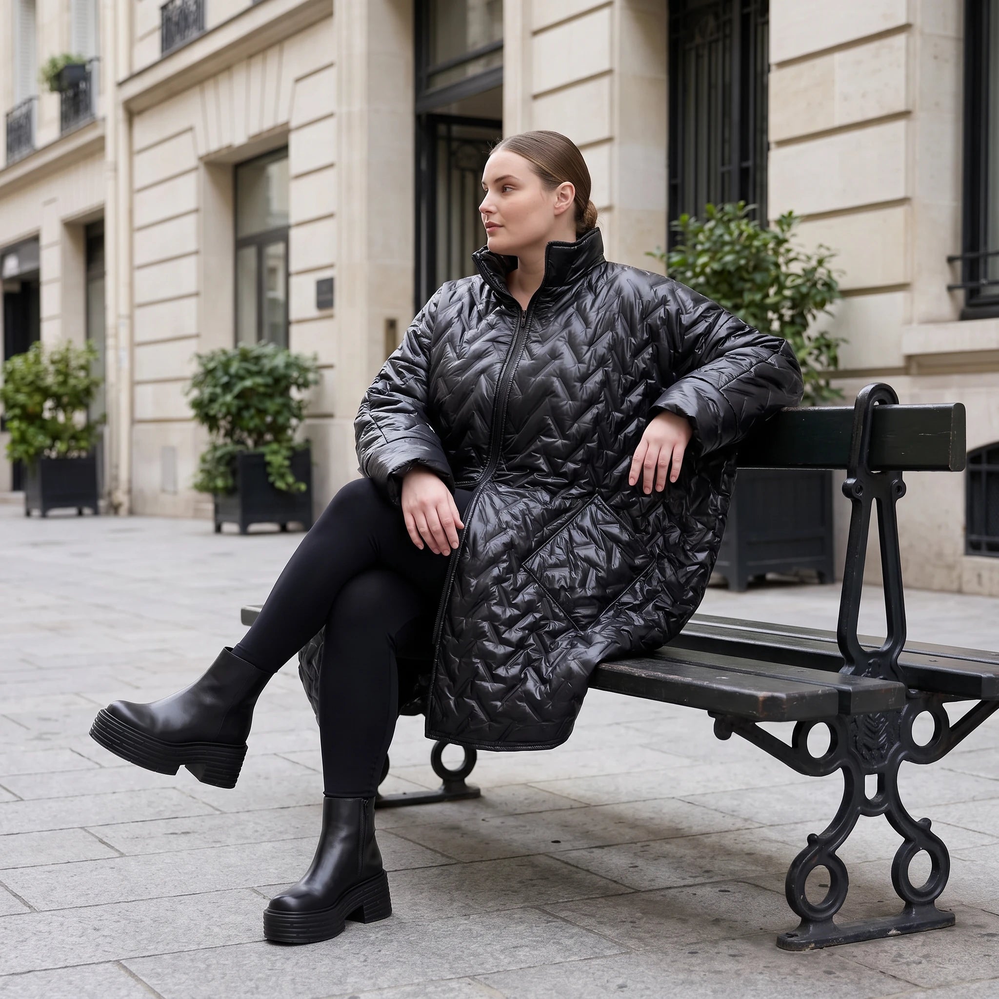 Schwarze Steppjacke mit grafischem Muster oversized wasserabweisend warm mit Taschen