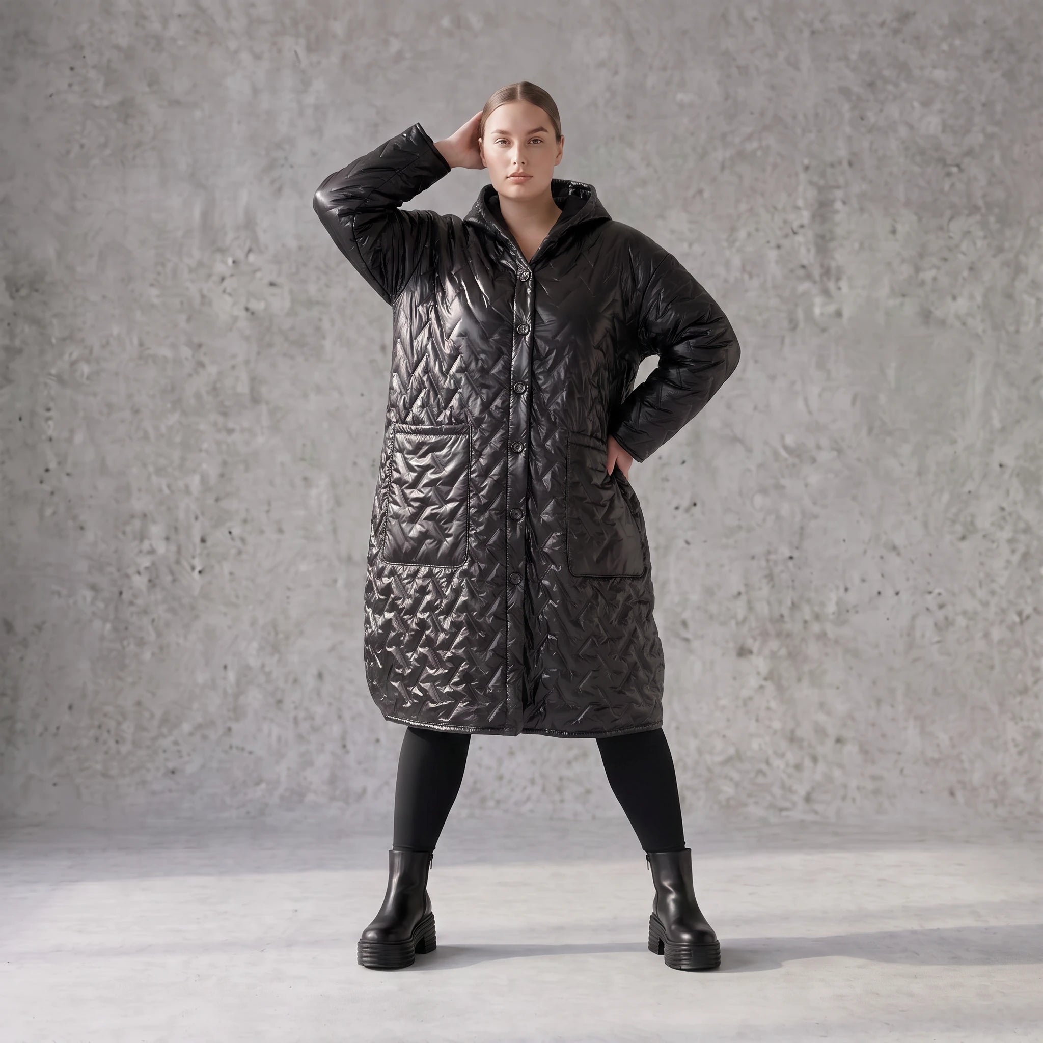 Gesteppter Ballonmantel mit Kapuze und Grafik Oversize mit Taschen für Lagenlook warm