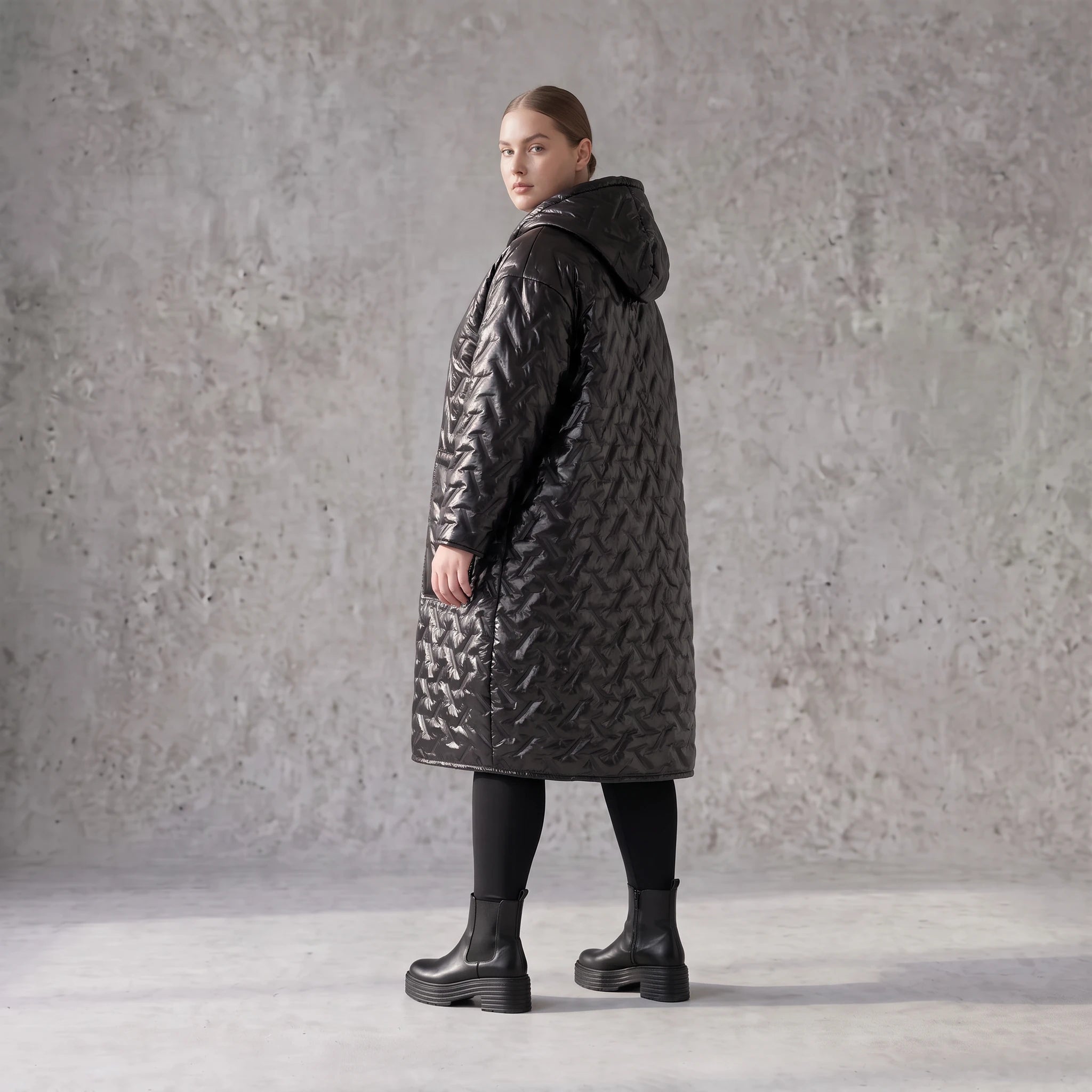 Gesteppter Ballonmantel mit Kapuze und Grafik Oversize mit Taschen für Lagenlook warm