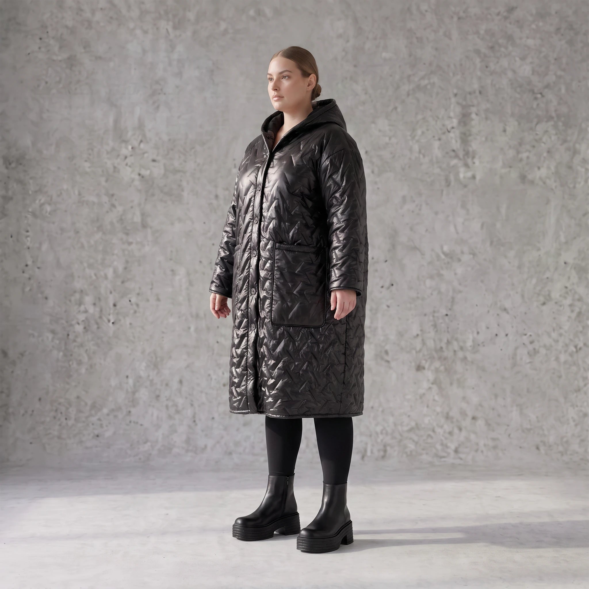 Gesteppter Ballonmantel mit Kapuze und Grafik Oversize mit Taschen für Lagenlook warm