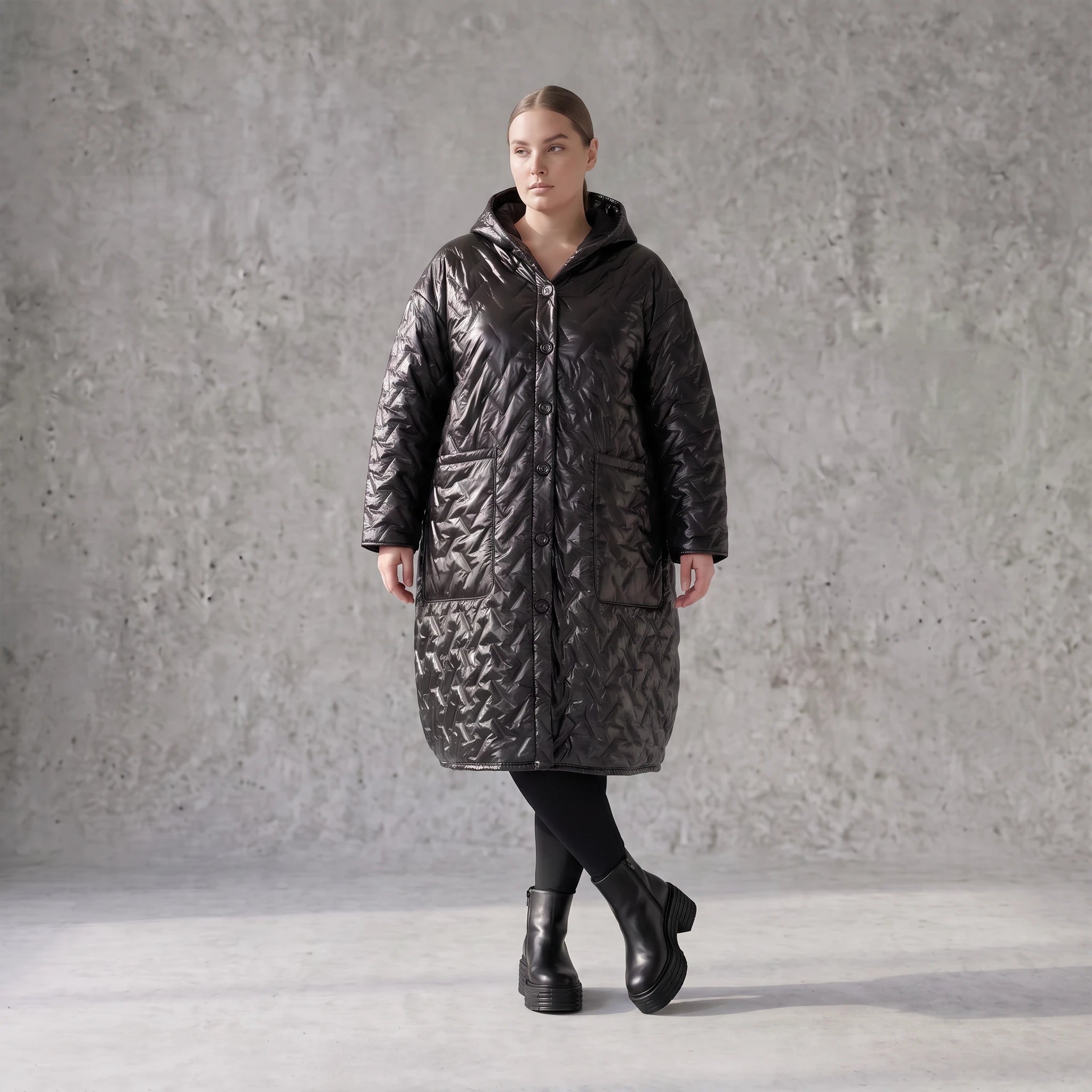 Gesteppter Ballonmantel mit Kapuze und Grafik Oversize mit Taschen für Lagenlook warm