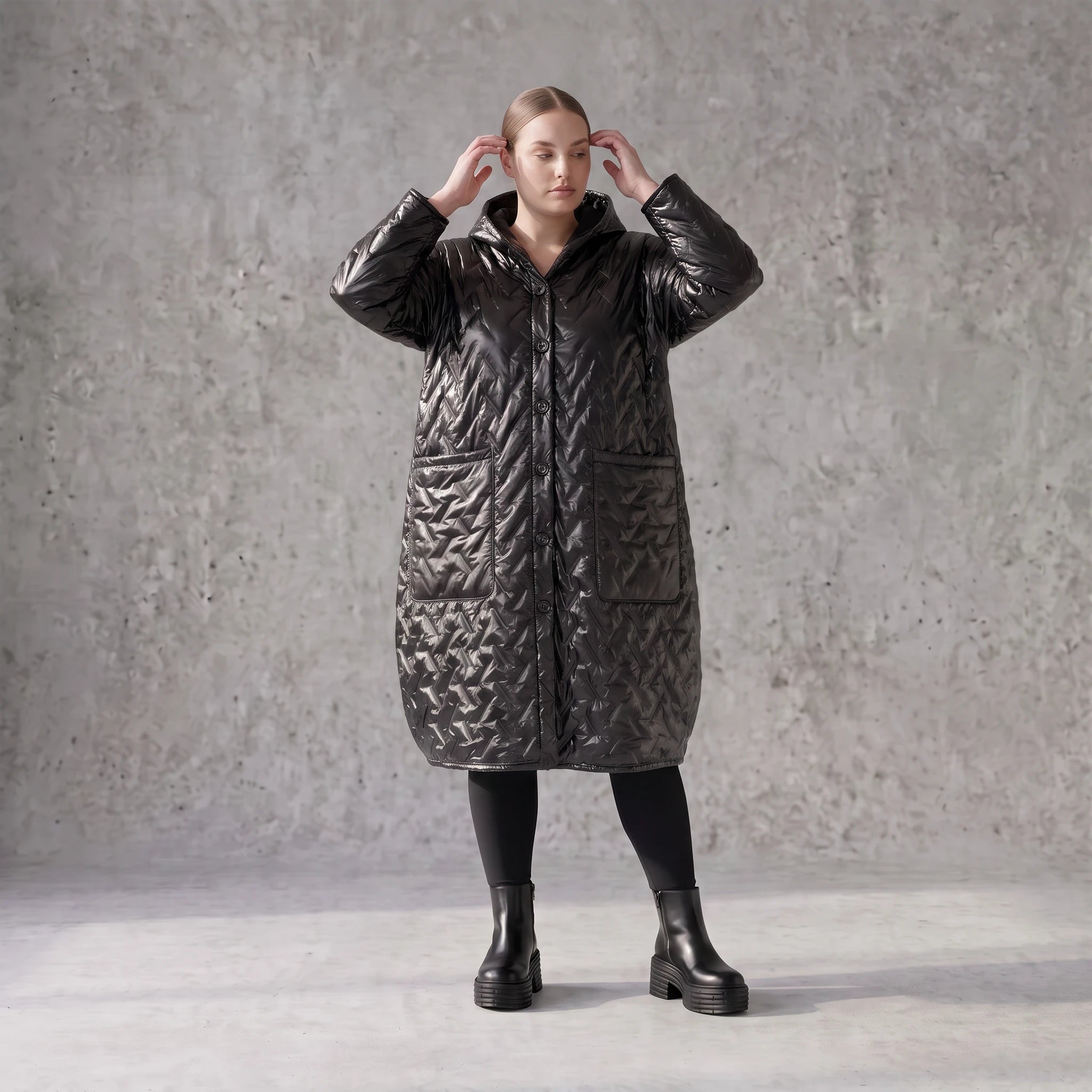 Gesteppter Ballonmantel mit Kapuze und Grafik Oversize mit Taschen für Lagenlook warm
