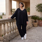 Schwarzes Oversized Bigshirt aus weicher Viskose mit Rundhals und Dreiviertelärmeln