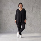 Geraffte schwarze Viskoseleggings mit Elastikbund im Lagenlook leicht chic und bequem