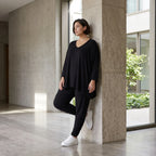 Geraffte schwarze Viskoseleggings mit Elastikbund im Lagenlook leicht chic und bequem