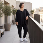 Geraffte schwarze Viskoseleggings mit Elastikbund im Lagenlook leicht chic und bequem