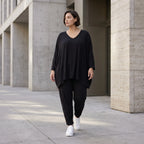 Geraffte schwarze Viskoseleggings mit Elastikbund im Lagenlook leicht chic und bequem