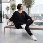Geraffte schwarze Viskoseleggings mit Elastikbund im Lagenlook leicht chic und bequem
