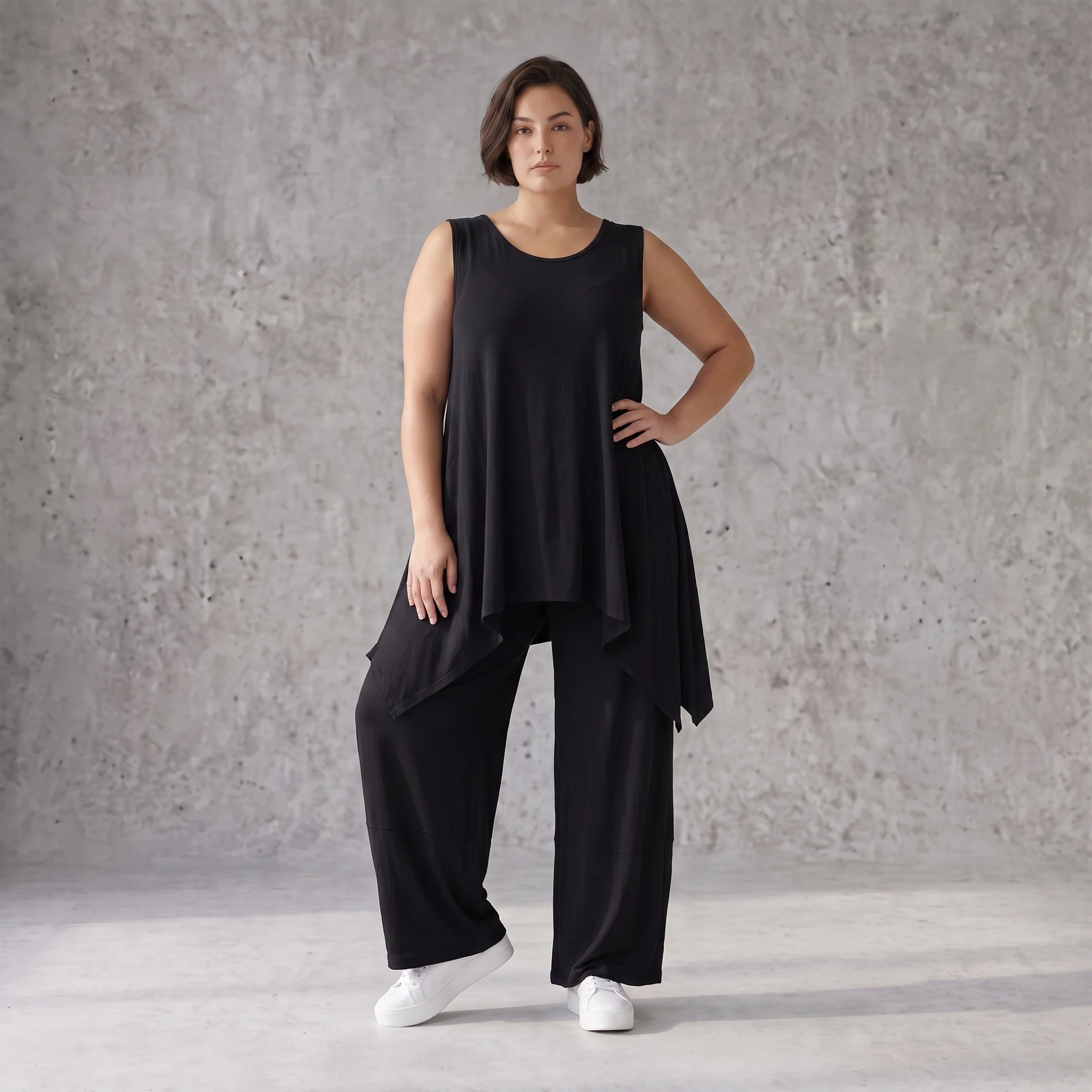 Schwarzes A-Form Top mit Rundhals weich stretchig oversize für Lagenlook Basic Alltag