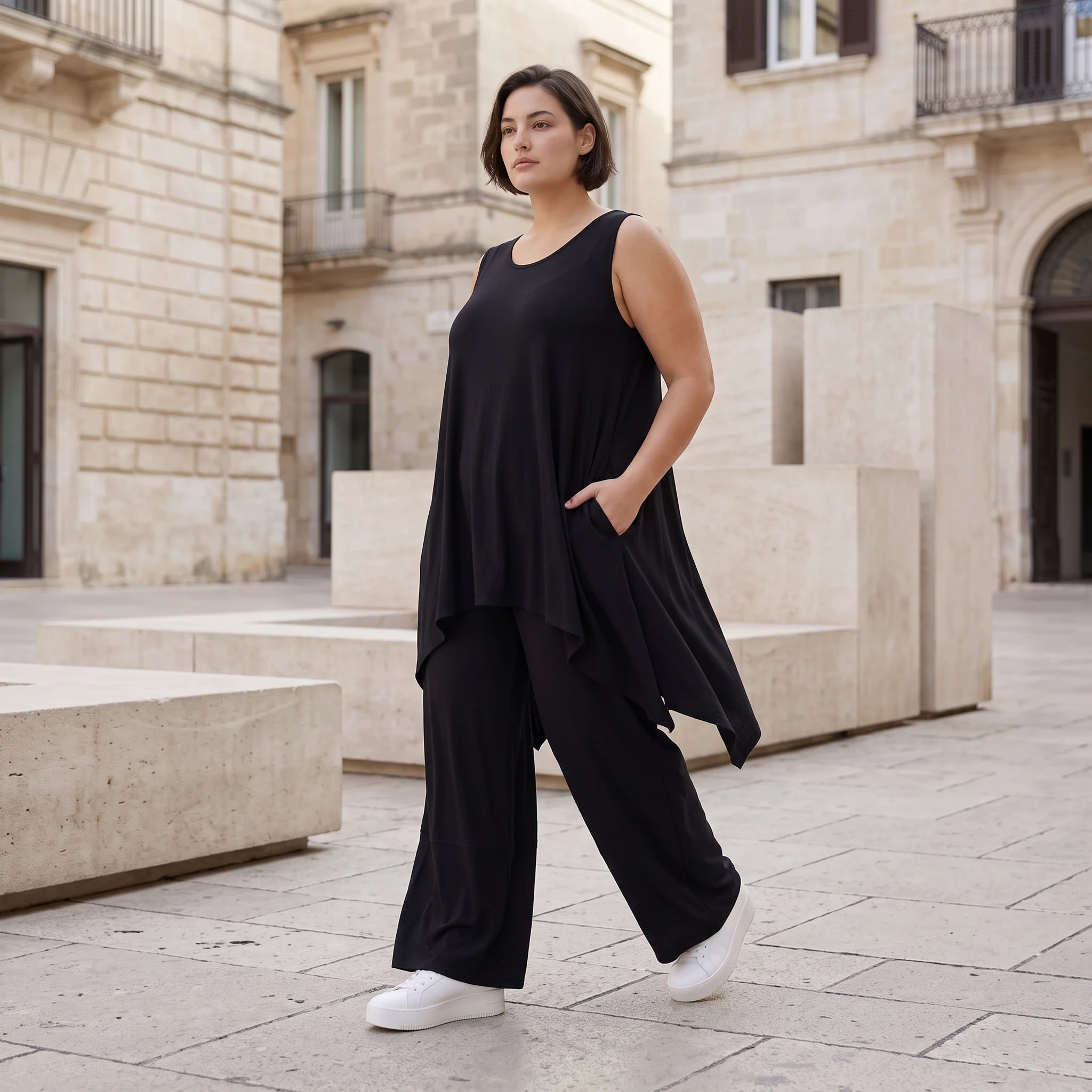 Schwarzes A-Form Top mit Rundhals weich stretchig oversize für Lagenlook Basic Alltag