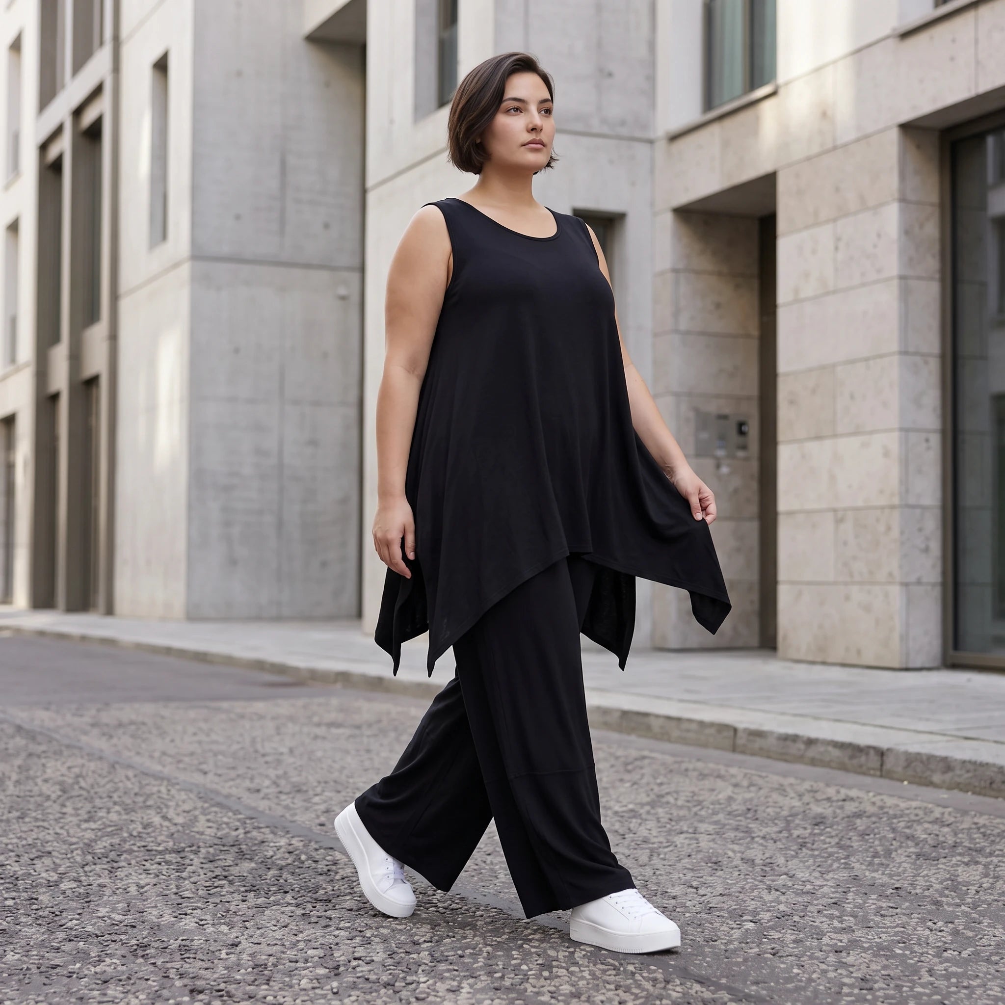 Schwarzes A-Form Top mit Rundhals weich stretchig oversize für Lagenlook Basic Alltag
