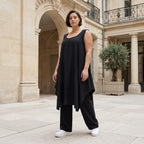 Schwarze Ballontunika ärmellos mit Overlockbiesen im fliessenden elastischen Chiclook