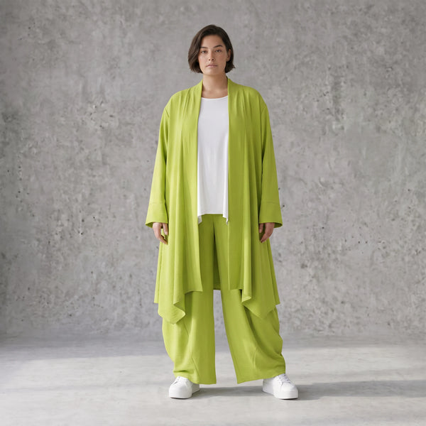 Apfelgrün fliessender Longcardigan im Lagenlook Oversize leger zeitlos luftig Leinenoptik